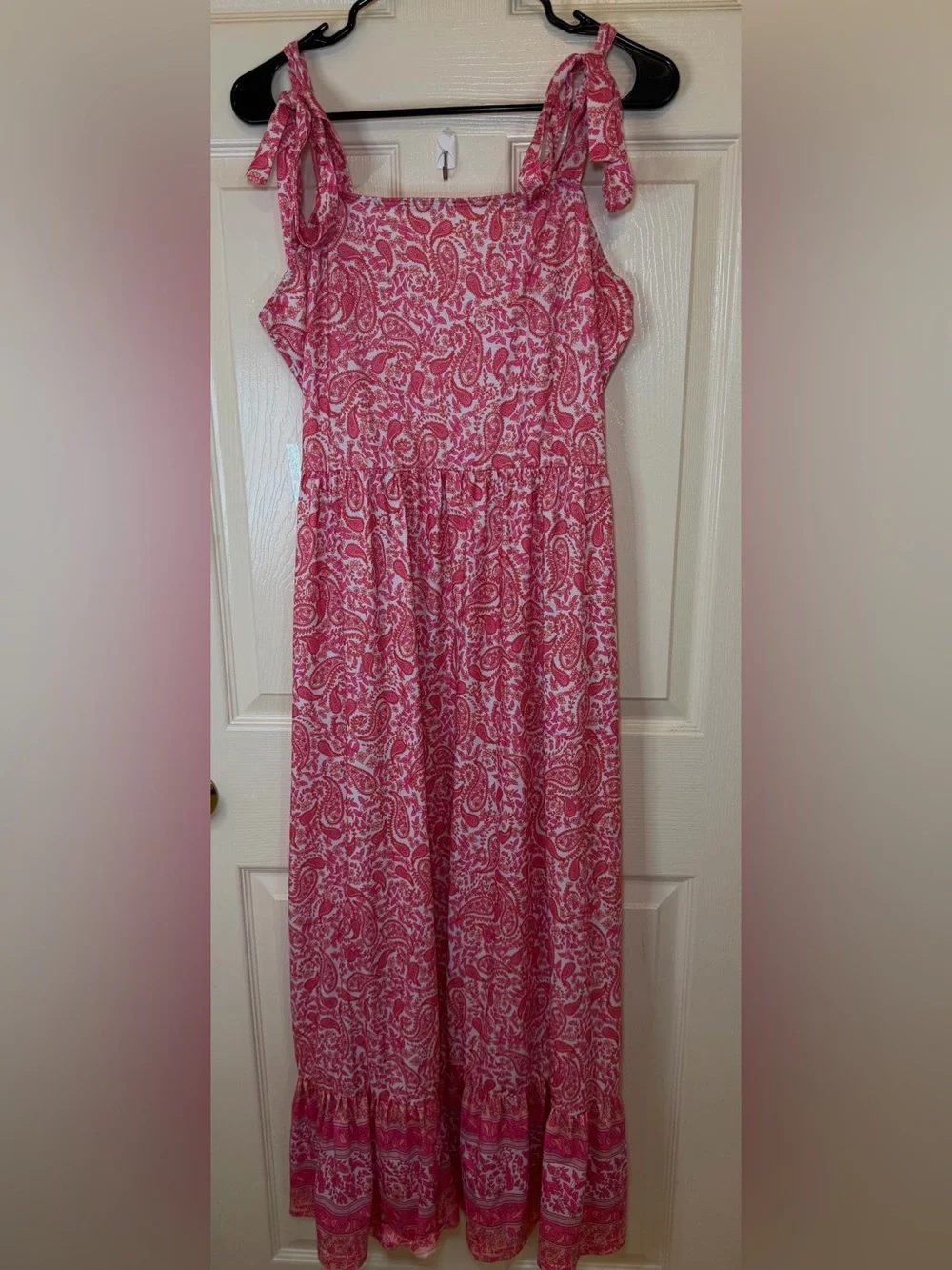 Pink Paisley Tie Shoulder Ruffle Maxi Dress